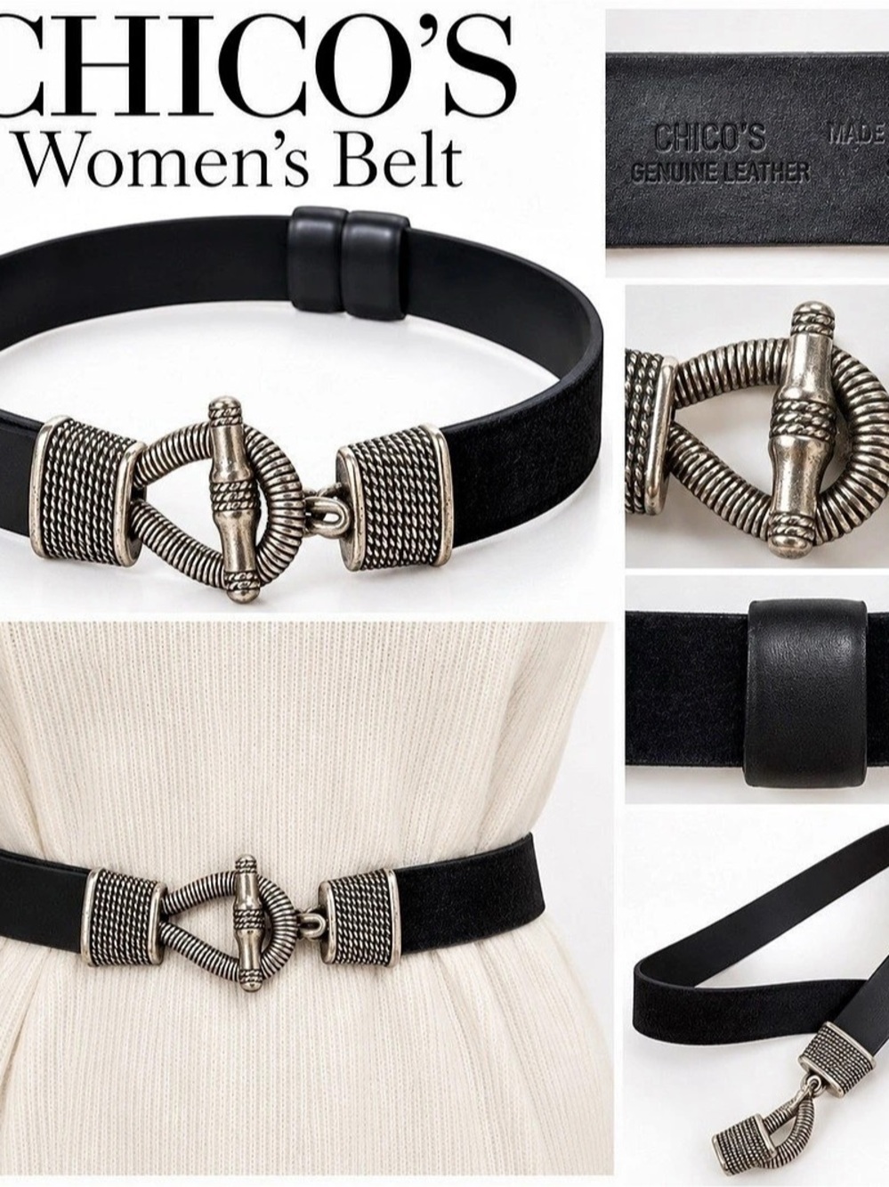Chico’s Women’s Black Genuine Leather Belt Small Silver Rope Toggle Buckle Boho